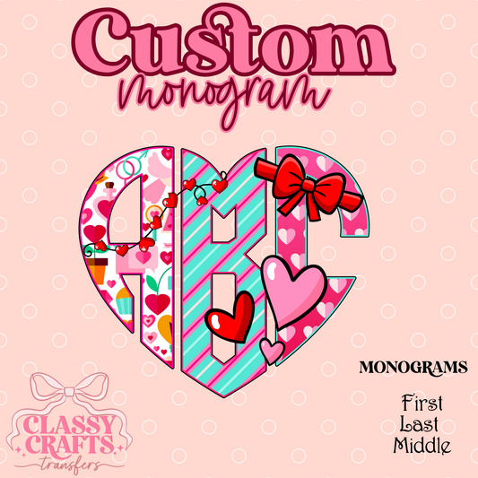 Blue & Pink Strip With Hearts - Custom Monogram Transfer