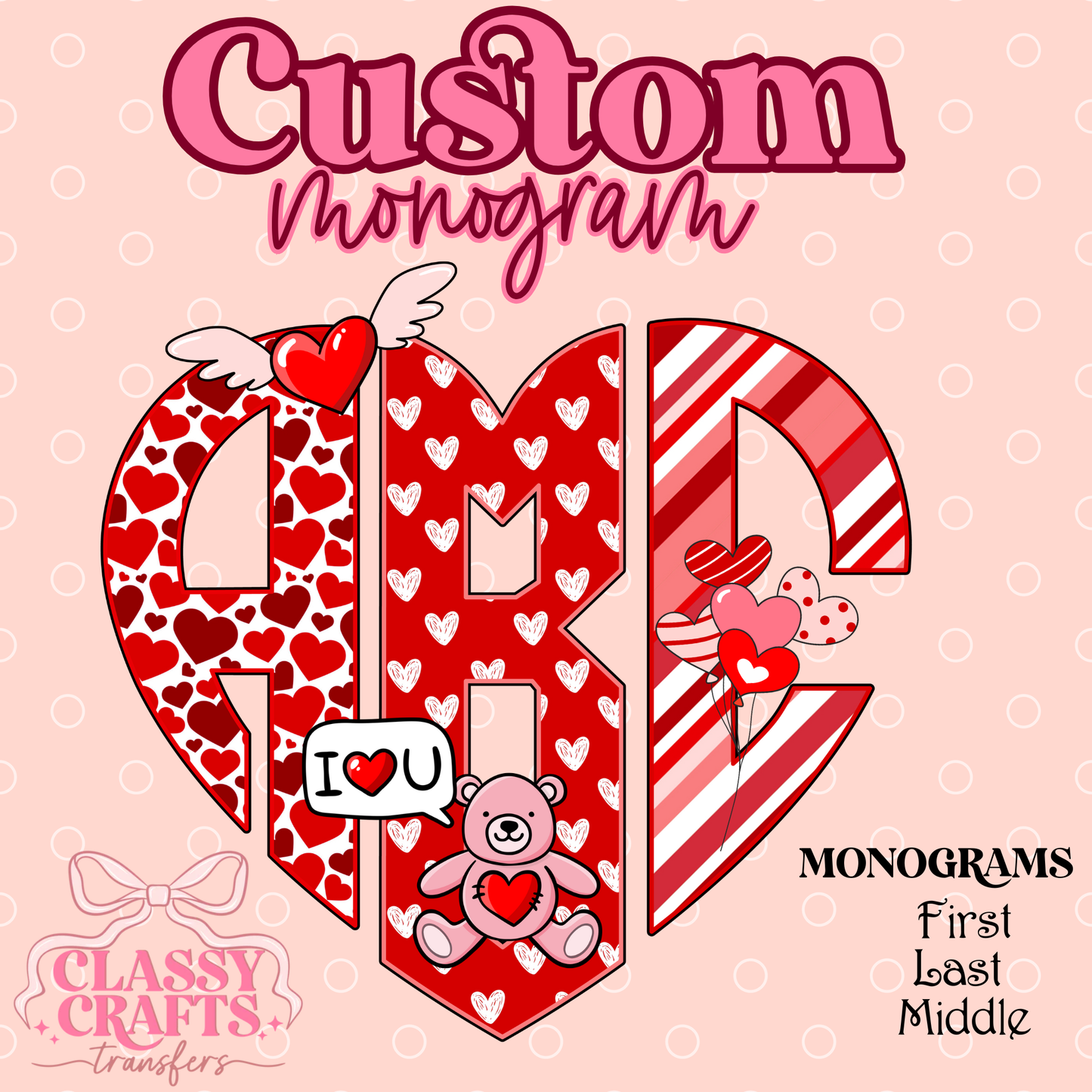 Red & White I Love You - Custom Monogram Transfer