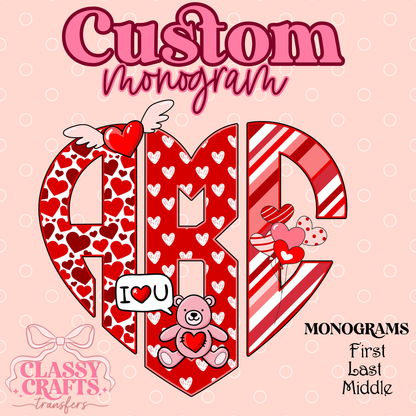 Red & White I Love You - Custom Monogram Transfer