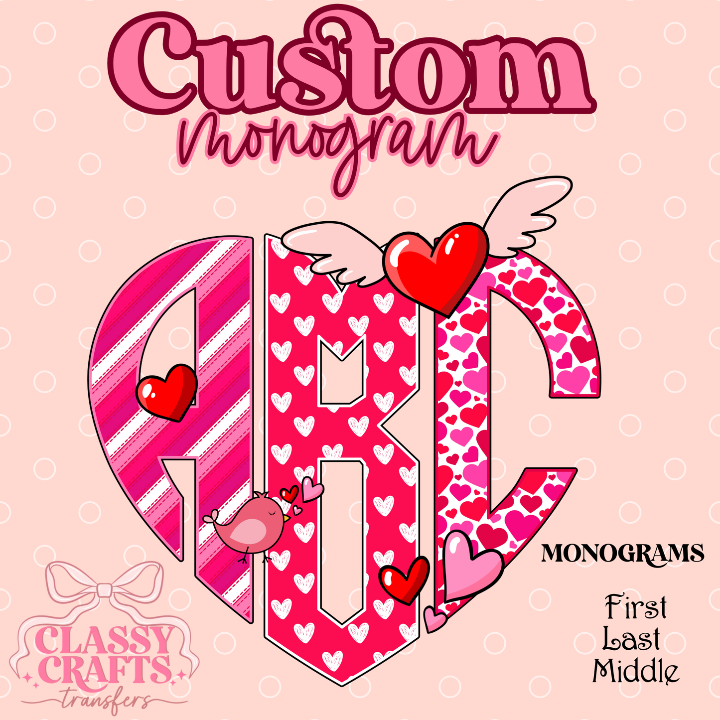 Pink & Red Strip Hearts- Custom Monogram Transfer