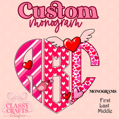 Pink & Red Strip Hearts- Custom Monogram Transfer