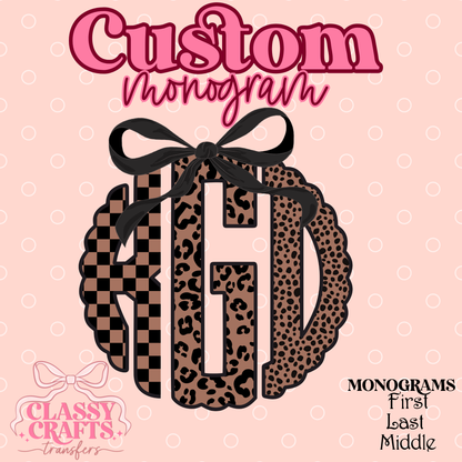Brown Lepoard Coquette Bow- Custom Monogram Transfer