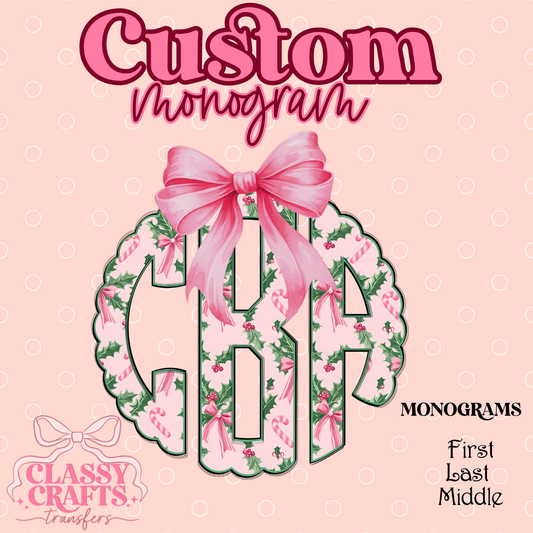 Pink Coquette Candy Cane with Holly - Custom Monogram Transfer