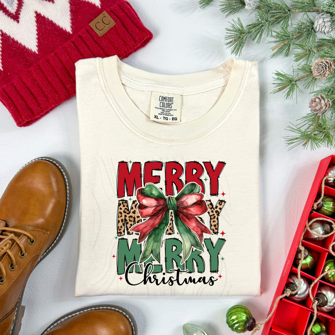 Merry Merry Merry Christmas Bow/Pink Santa Transfer