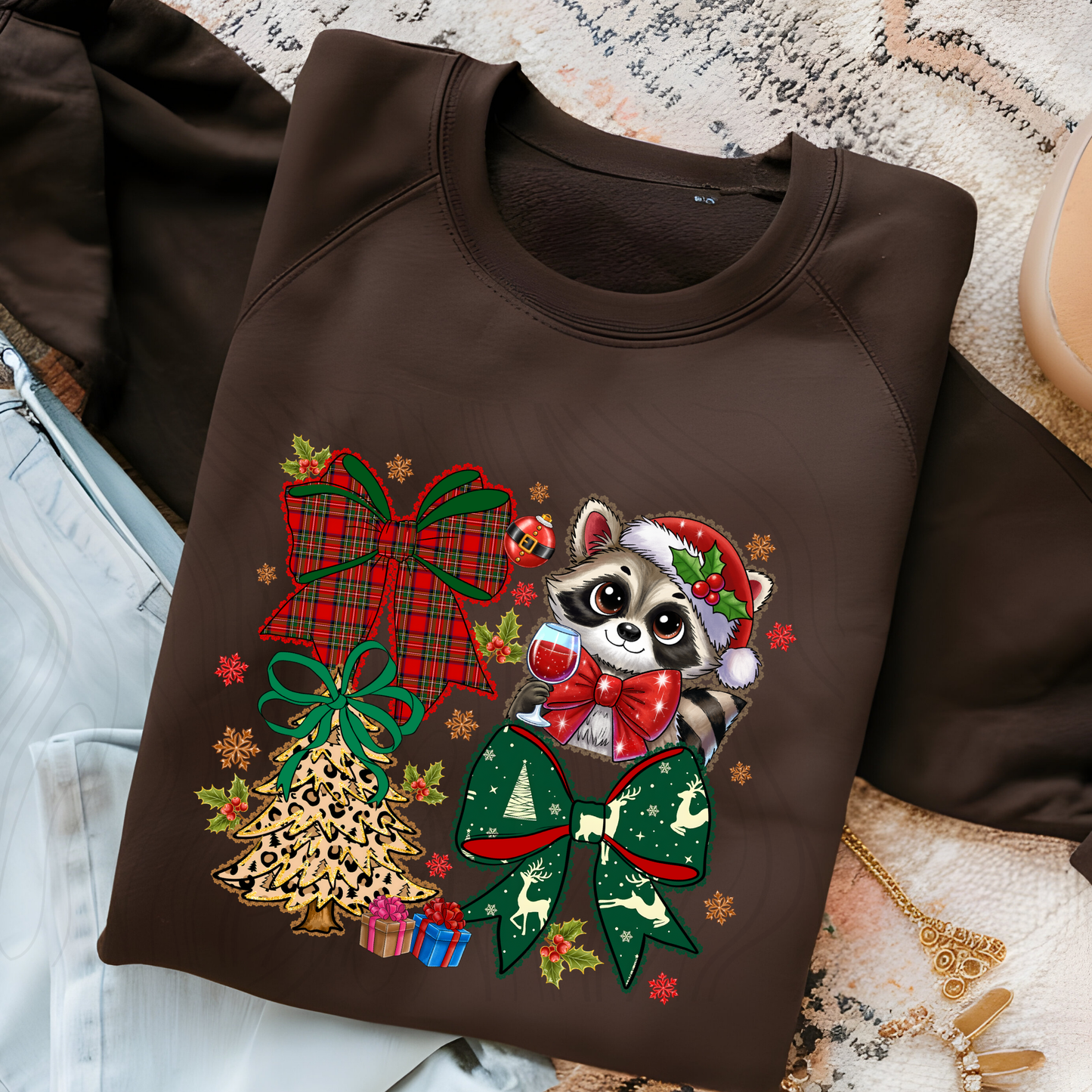 Christmas Raccoon With Bows Transfer