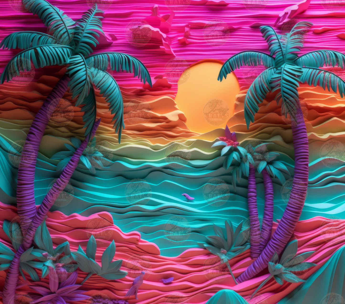 3D Beach Neon Tumbler Wrap - Sublimation Transfer