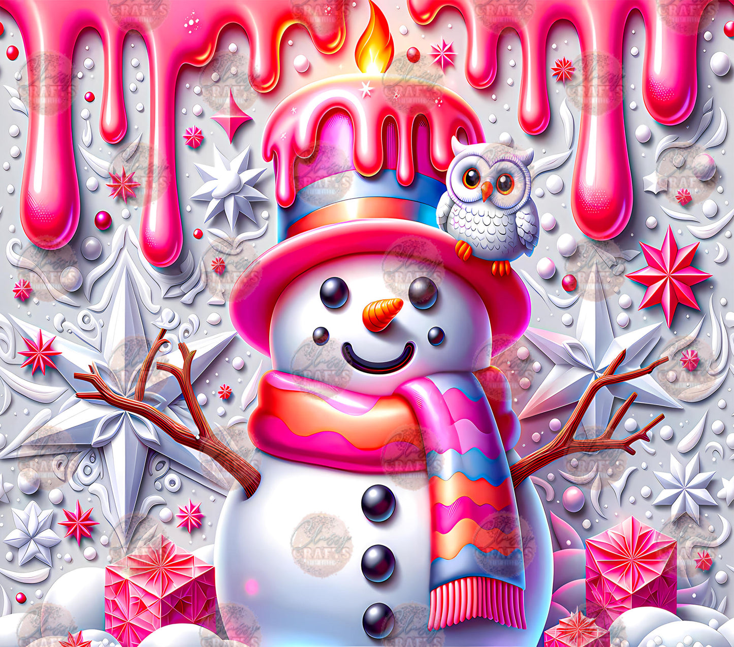 3D Pink Drip Snowman Tumbler Wrap - Sublimation Transfer