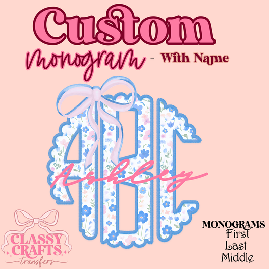 Blue & Pink Floral Coquette Bow - Custom Monogram Transfer