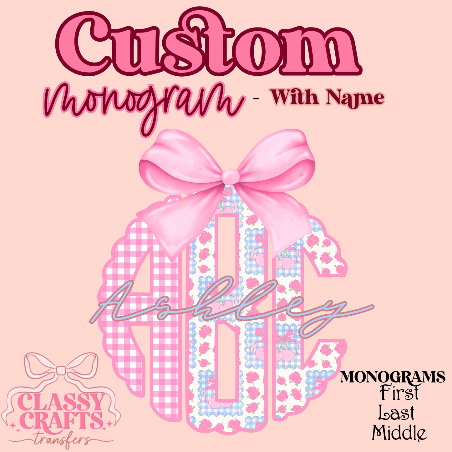 Pink Scalloped Cherry Patchwork - Custom Monogram Transfer