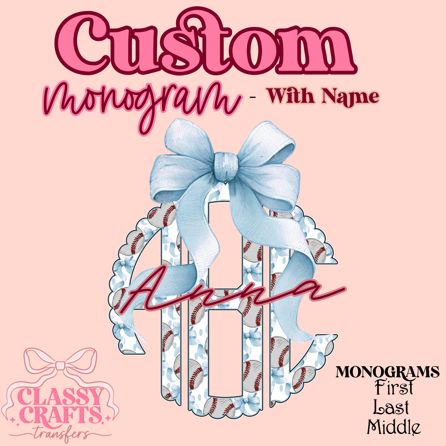 Baseball Bow Scalloped- Custom Monogram Transfer