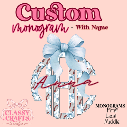 Baseball Bow Scalloped- Custom Monogram Transfer