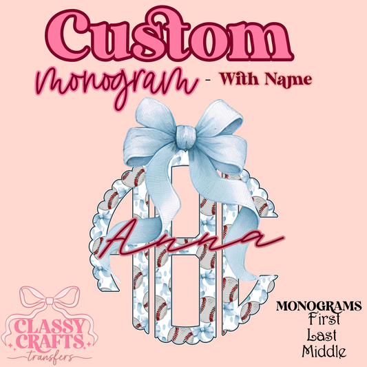 Baseball Bow Scalloped- Custom Monogram Transfer