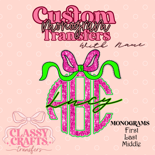 Coquette Hot Pink & Green Glitter - Custom Monogram Transfer