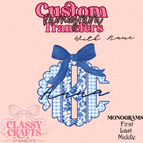 Blue Floral Plaid- Custom Monogram Transfer