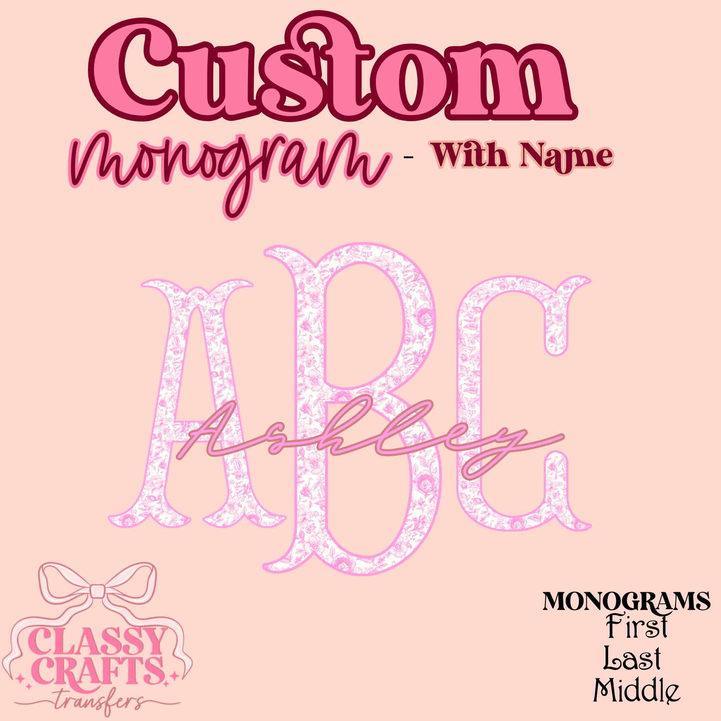 Pink Floral Fishtail  - Custom Monogram Transfer