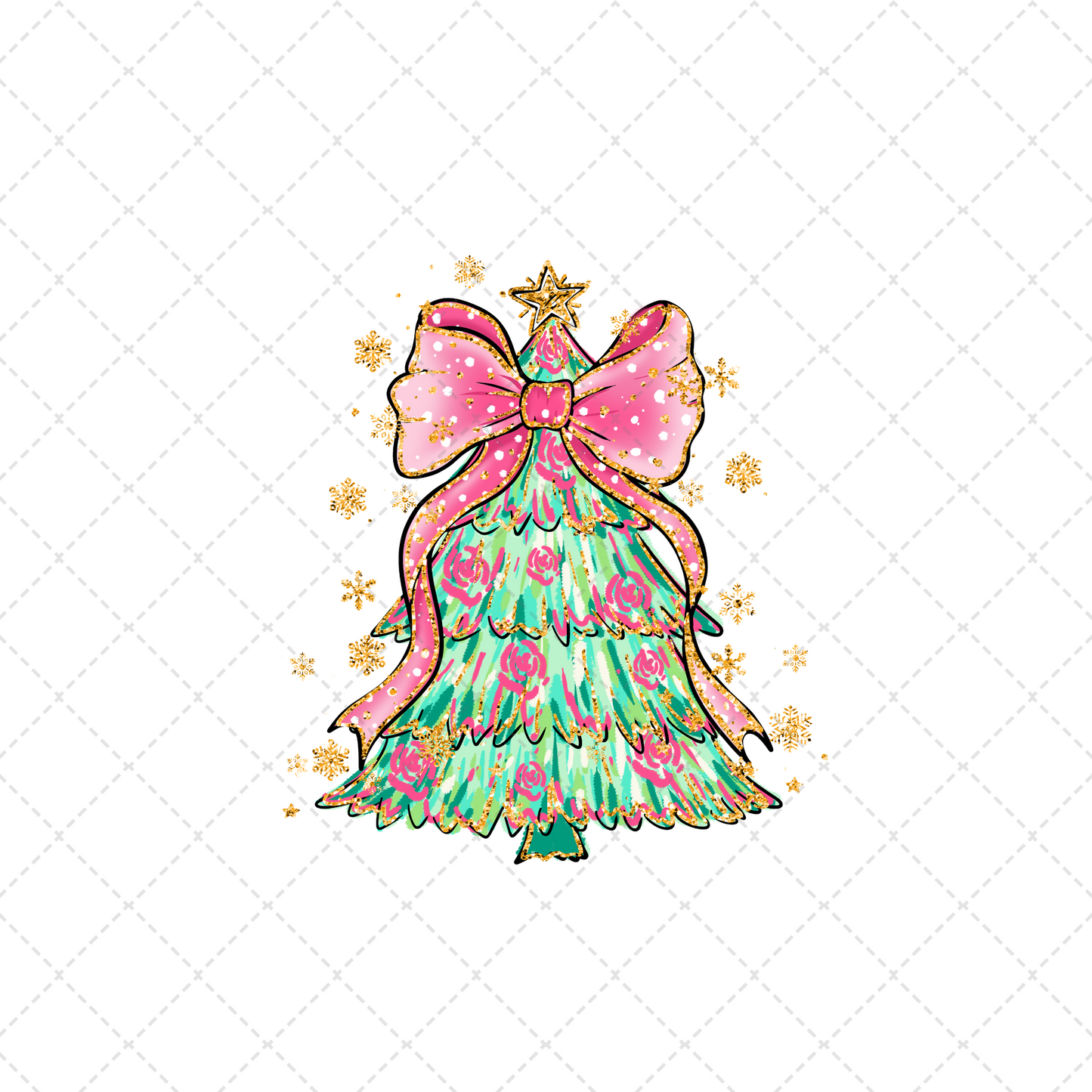 Pink And Green Christmas Tree With Gold Snowflakes Transfer