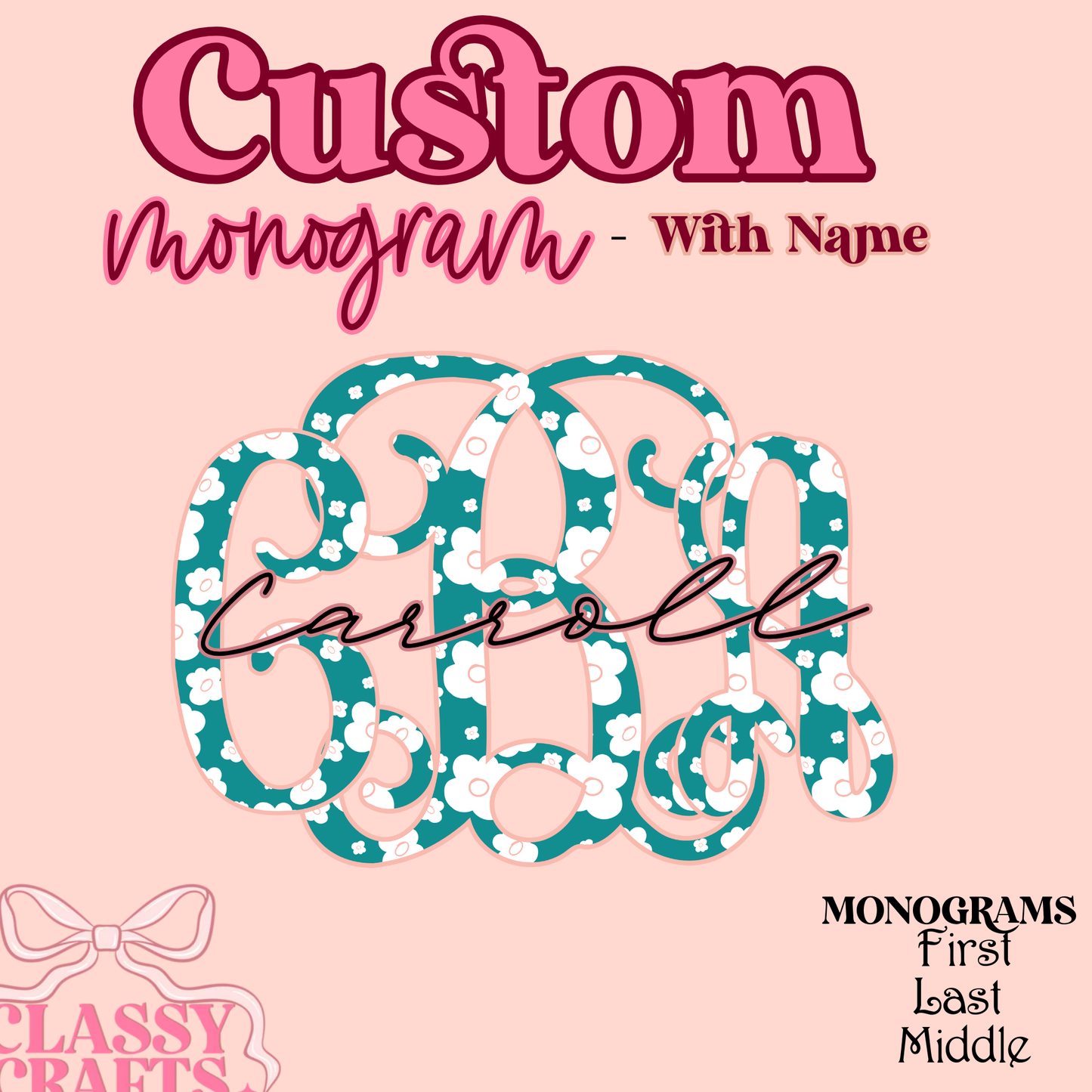 Peach & Teal Floral Vines - Custom Monogram Transfer