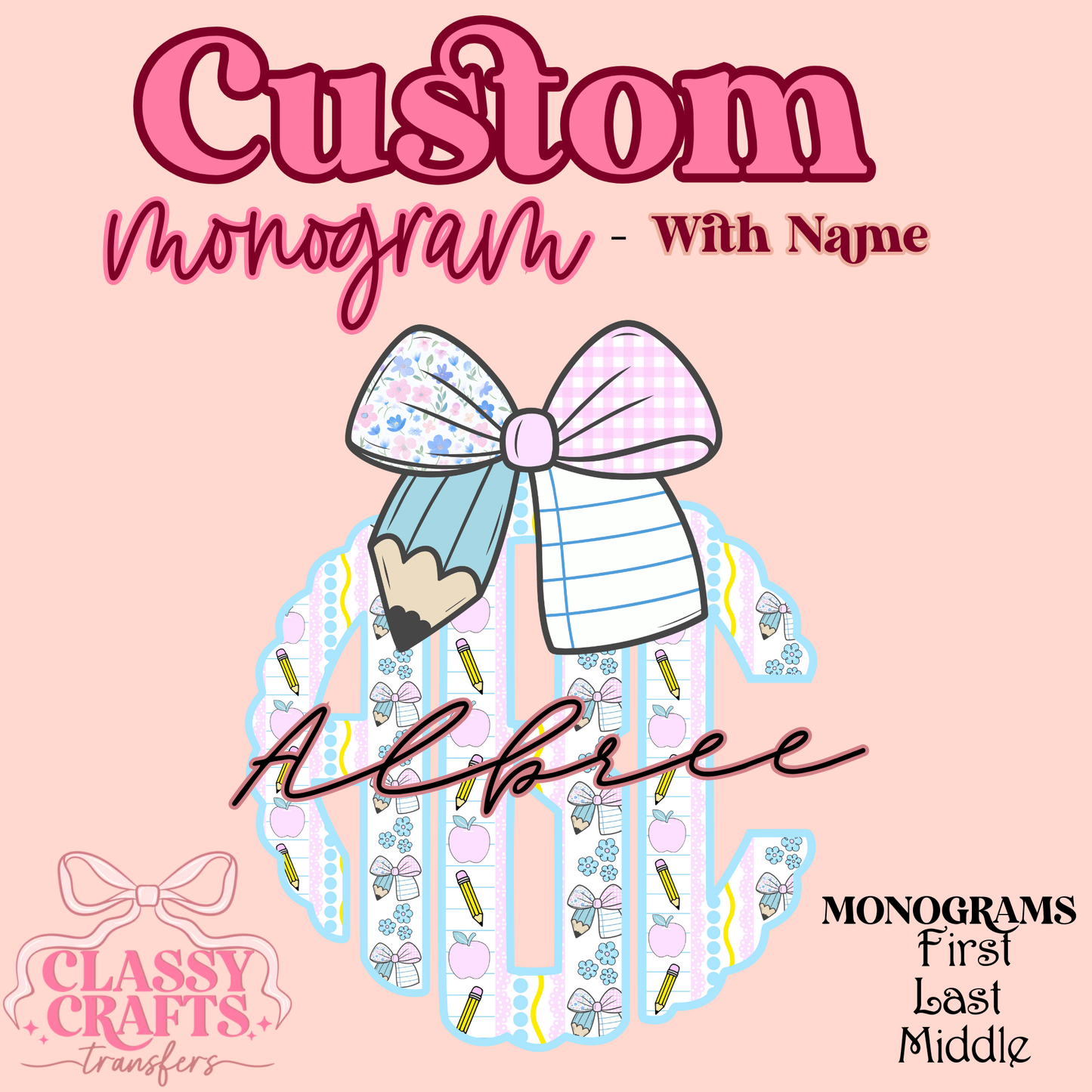 Pencil Bow Preppy Back to School - Custom Monogram Transfer