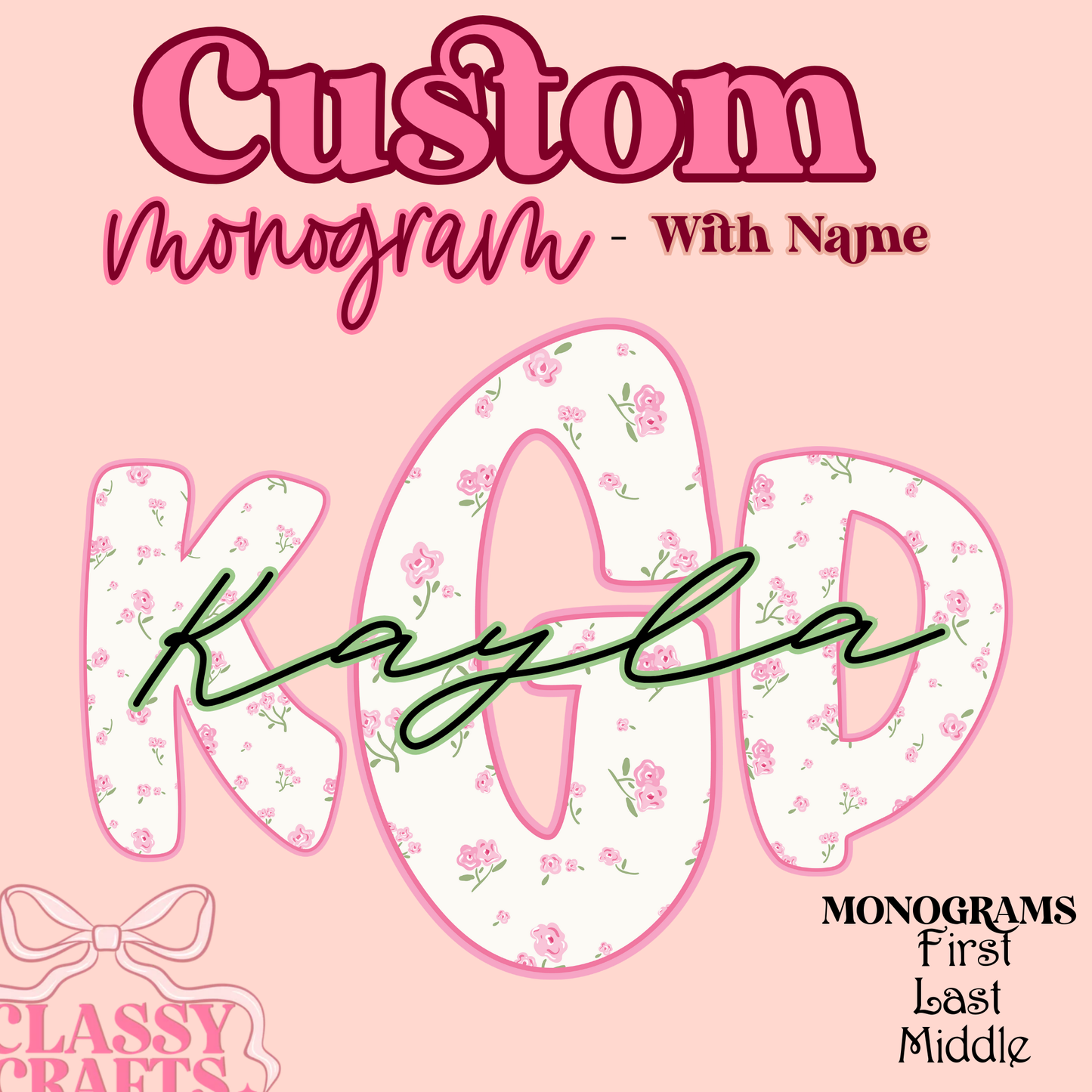 Pink Roses - Custom Monogram Transfer