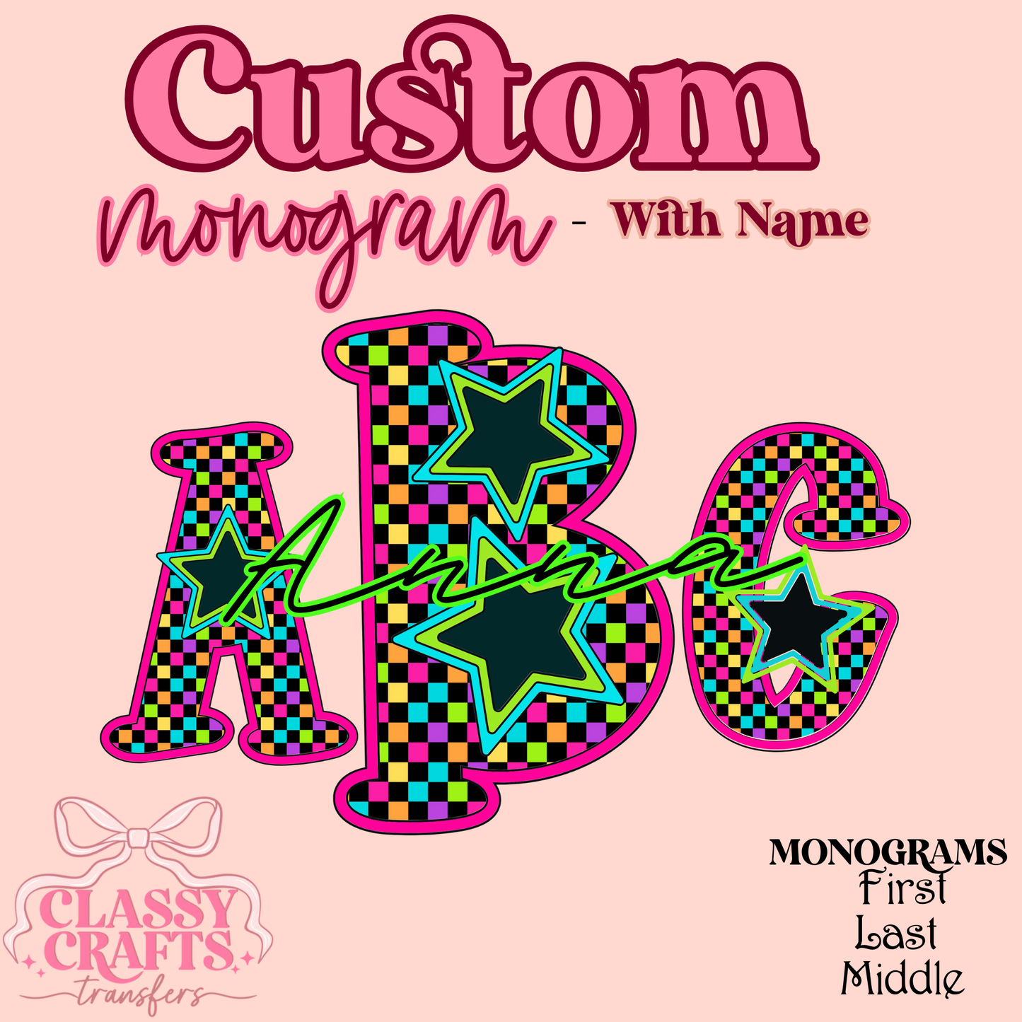 Neon Retro Checkerboard Star  - Custom Monogram Transfer