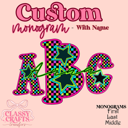 Neon Retro Checkerboard Star  - Custom Monogram Transfer