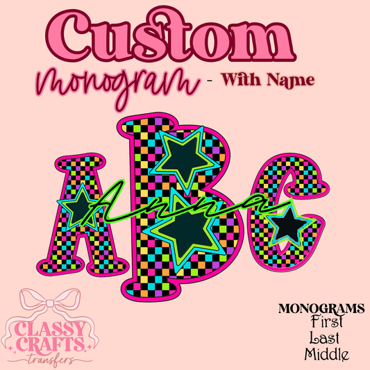 Neon Retro Checkerboard Star  - Custom Monogram Transfer
