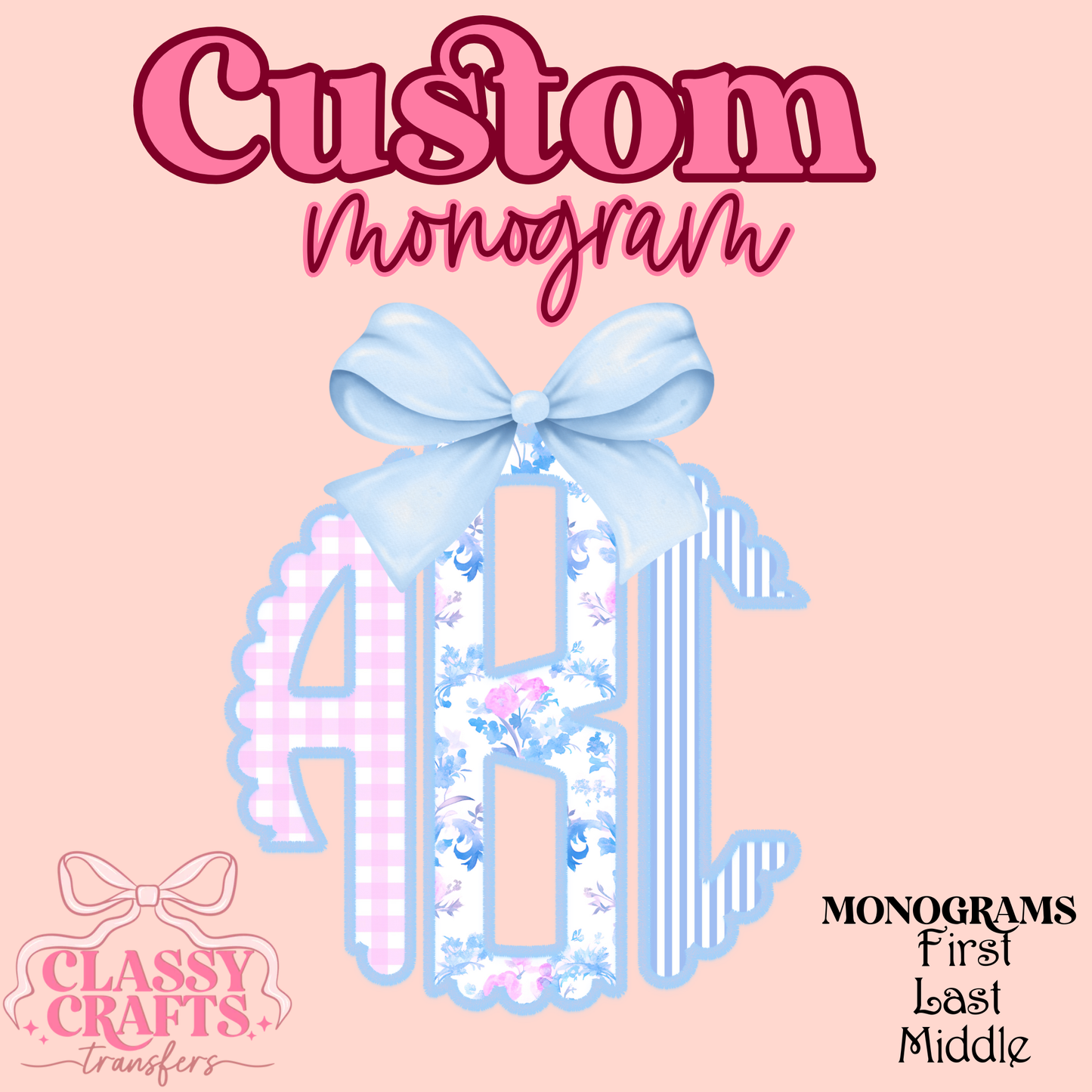Pink & Blue Stripe Floral Coquette Bow - Custom Monogram Transfer