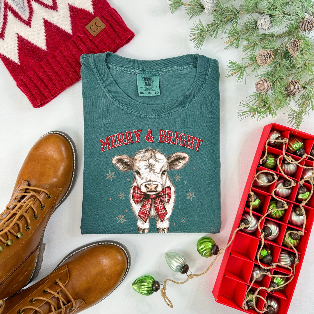 Merry And Bright Christmas Cow Transfer