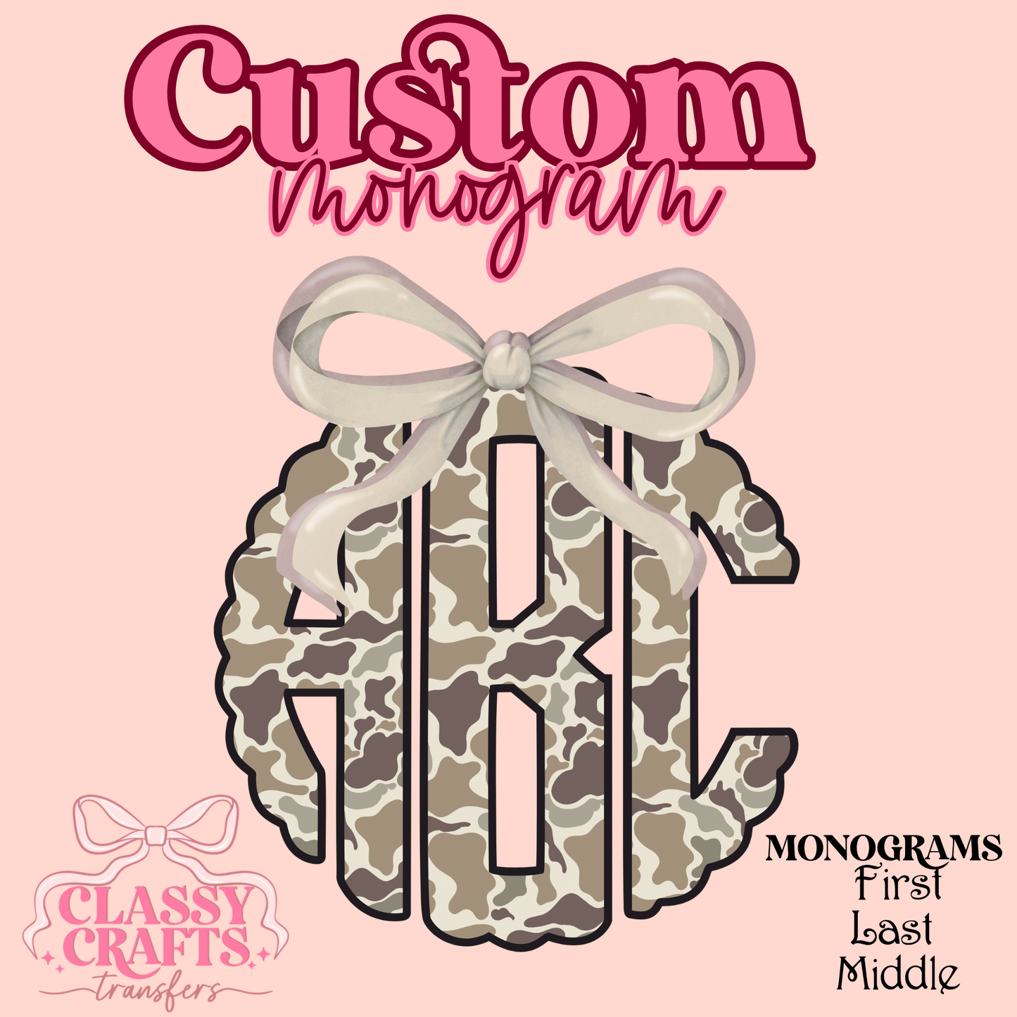 Camo Scalloped Coquette  Bow - Custom Monogram Transfer