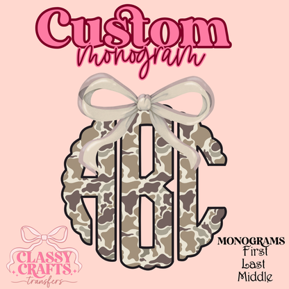 Camo Scalloped Coquette  Bow - Custom Monogram Transfer