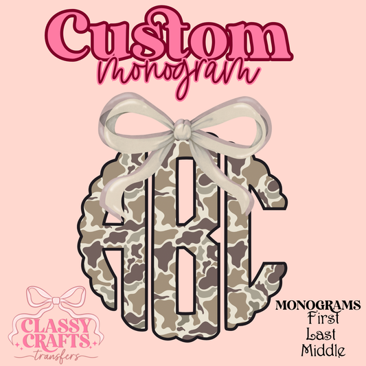 Camo Scalloped Coquette  Bow - Custom Monogram Transfer