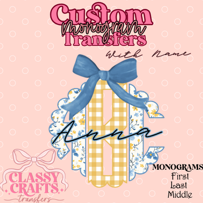 Yellow & Blue Floral- Custom Monogram Transfer