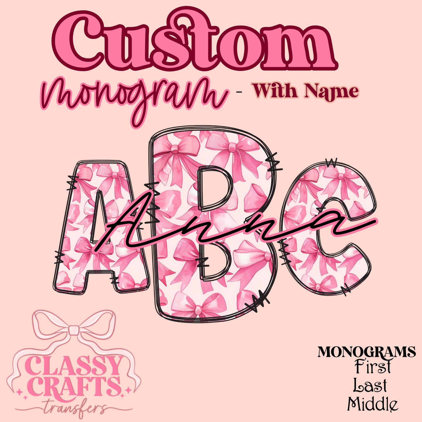 Coquette Pink Bows - Custom Monogram Transfer