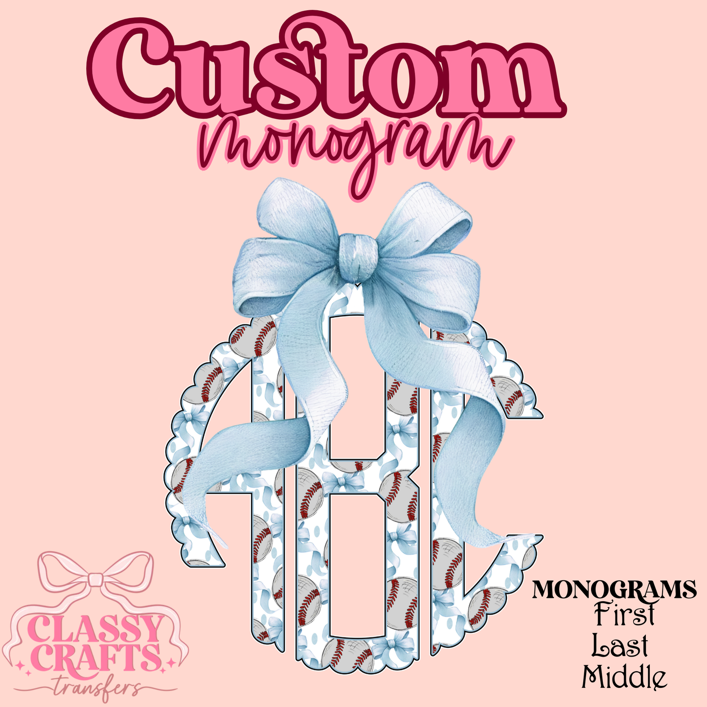Baseball Bow Scalloped- Custom Monogram Transfer