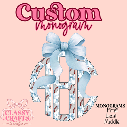Baseball Bow Scalloped- Custom Monogram Transfer