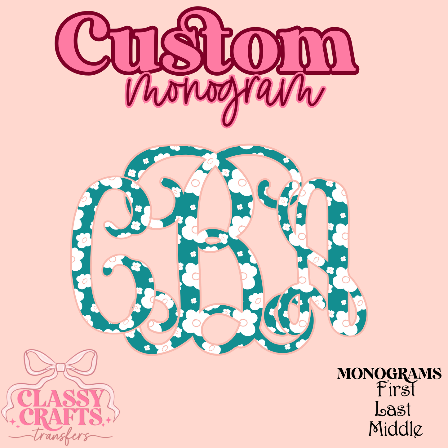 Peach & Teal Floral Vines - Custom Monogram Transfer