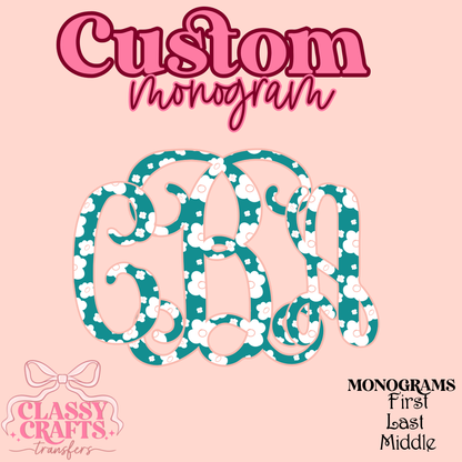 Peach & Teal Floral Vines - Custom Monogram Transfer