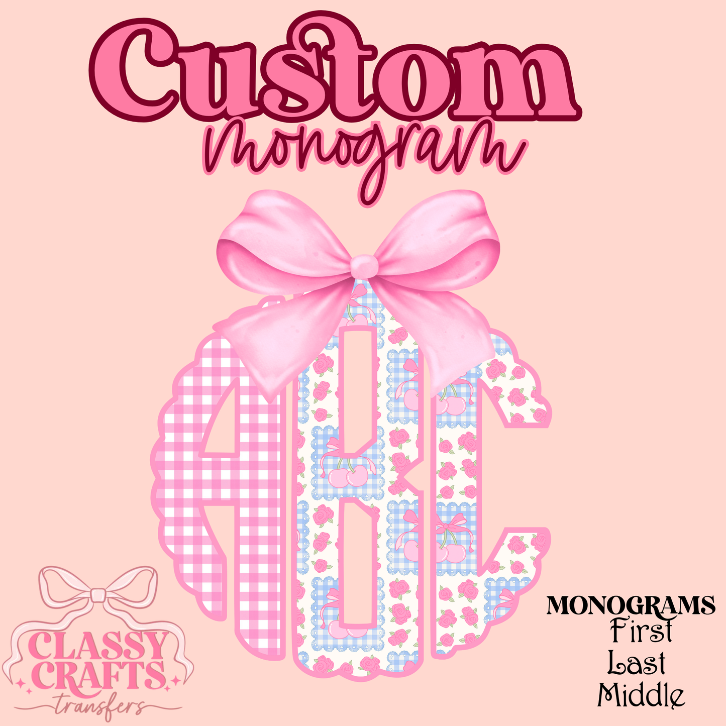 Pink Scalloped Cherry Patchwork - Custom Monogram Transfer