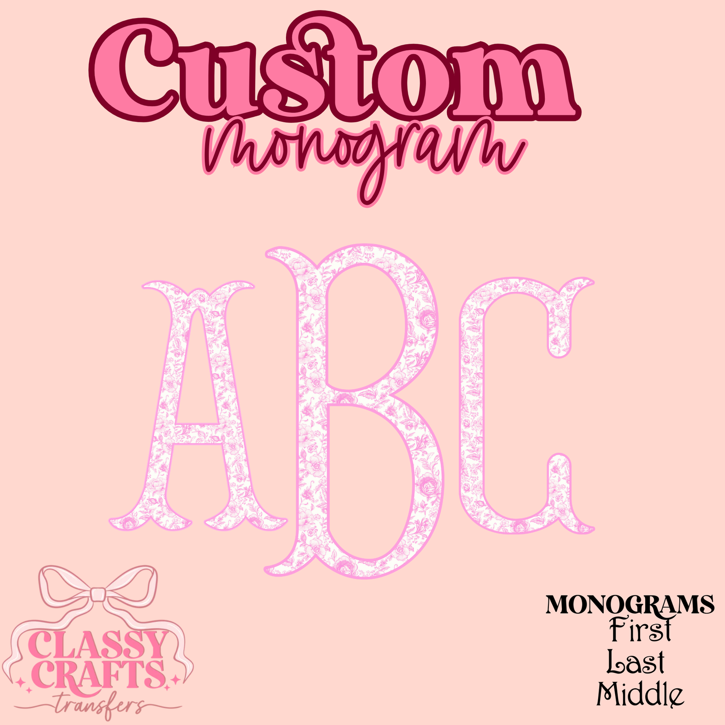 Pink Floral Fishtail  - Custom Monogram Transfer