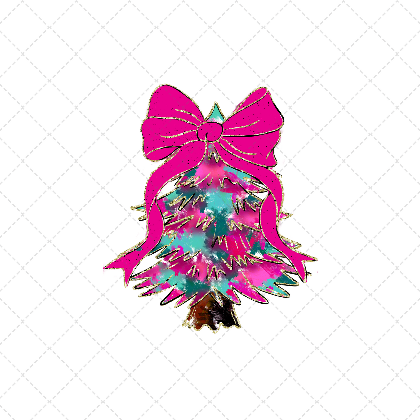 Pink And Blue Christmas Tree With Pink Bow Transfer