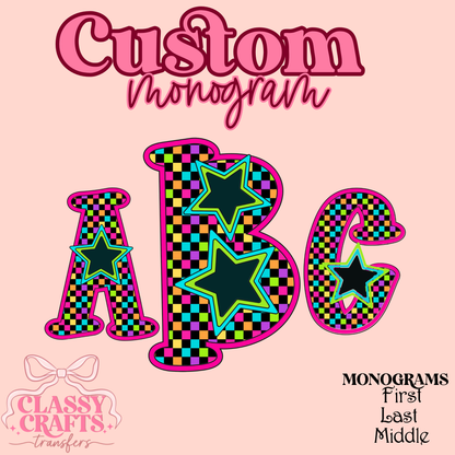 Neon Retro Checkerboard Star  - Custom Monogram Transfer