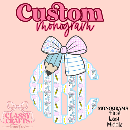 Pencil Bow Preppy Back to School - Custom Monogram Transfer