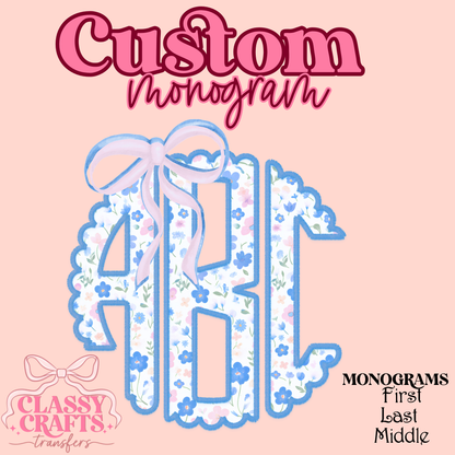 Blue & Pink Floral Coquette Bow - Custom Monogram Transfer