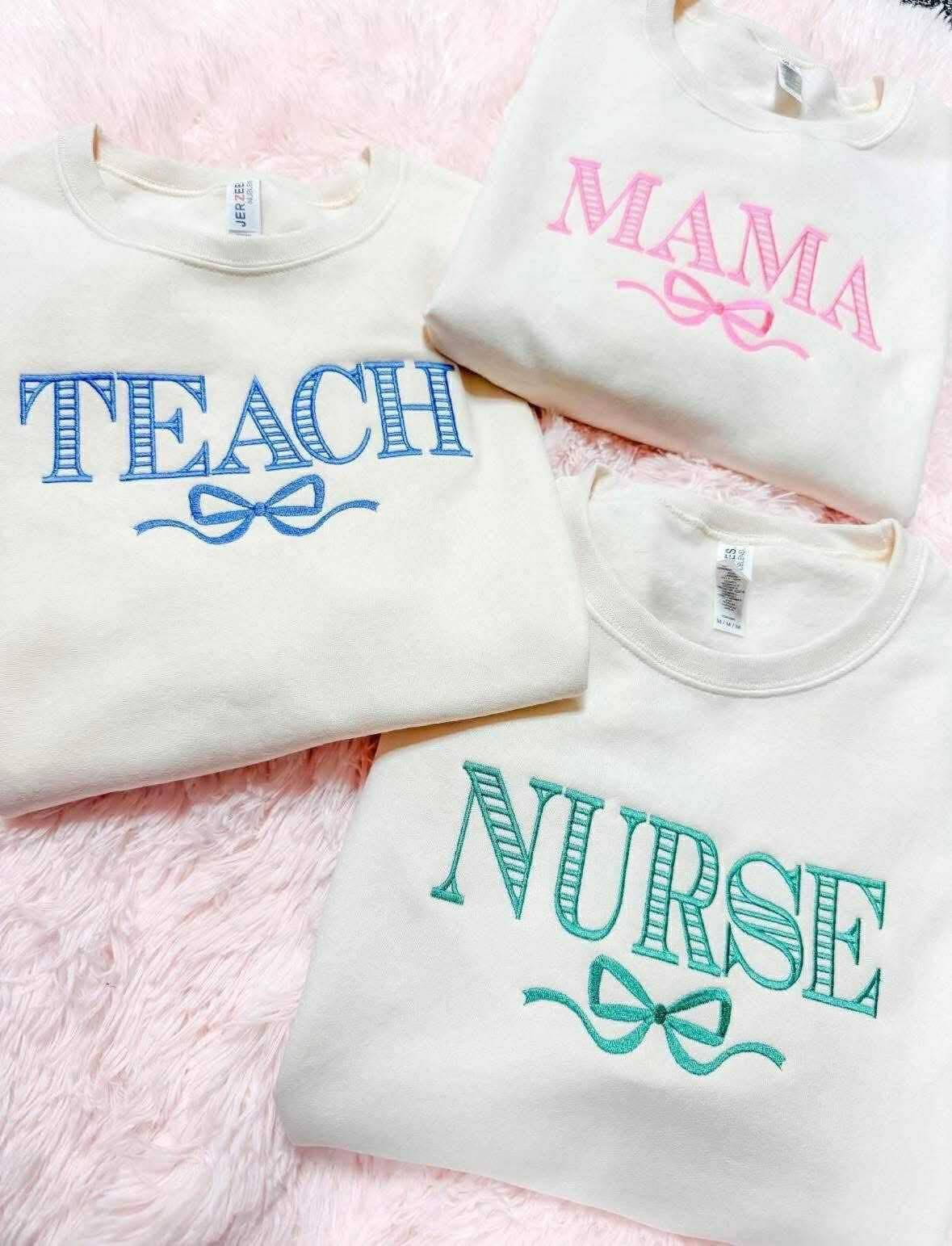 Ribbed Font - Mama, Teacher, Nurse Coquette - Ash Grey Embroidered Crewneck