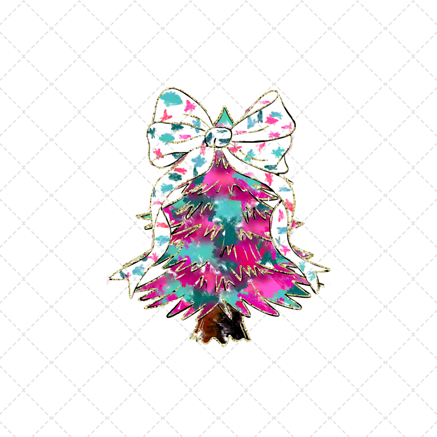 Pink And Blue Christmas Tree White Polka Dot Bow Transfer