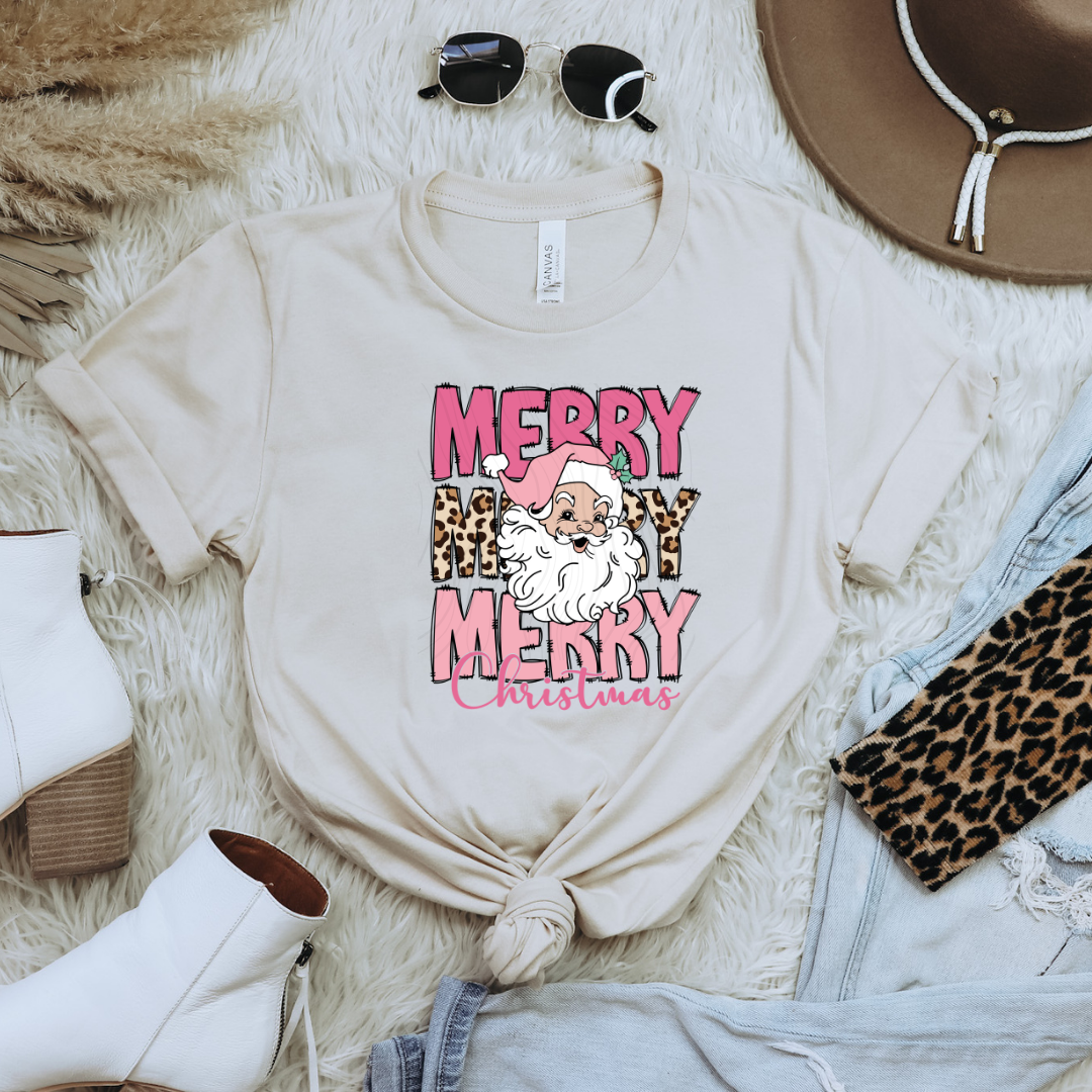 Merry Merry Merry Christmas Bow/Pink Santa Transfer