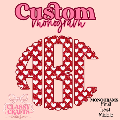 Valentines Red White Hearts - Custom Monogram Transfer