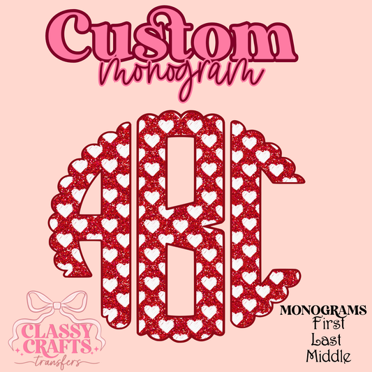 Valentines Red White Hearts - Custom Monogram Transfer