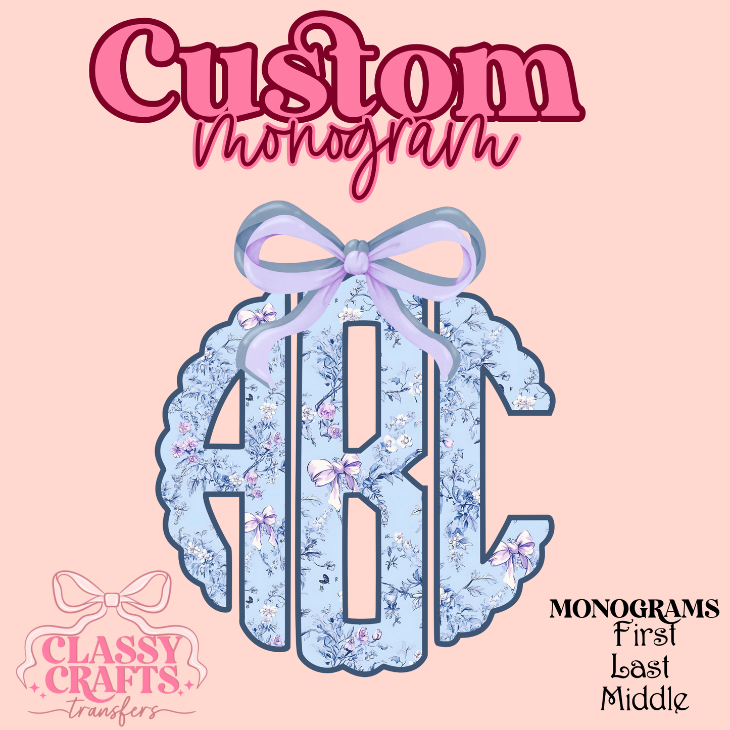 Light Blue  Coquette Floral  - Custom Monogram Transfer