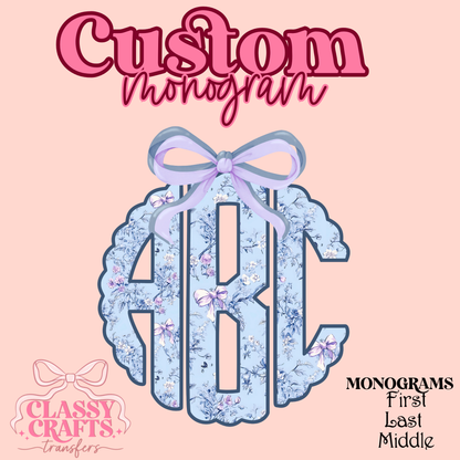 Light Blue  Coquette Floral  - Custom Monogram Transfer